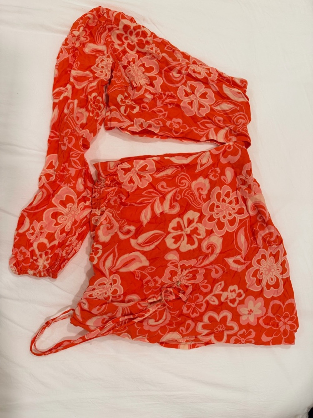 Vici Coral and Pink Floral One-Shoulder Crop Top & Mini Skirt Set